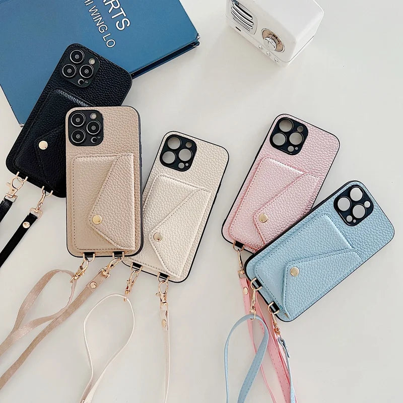 Luxury Crossbody strap lanyard wallet leather case for iPhone 16 17 16pro 15 pro card holder phone cover
