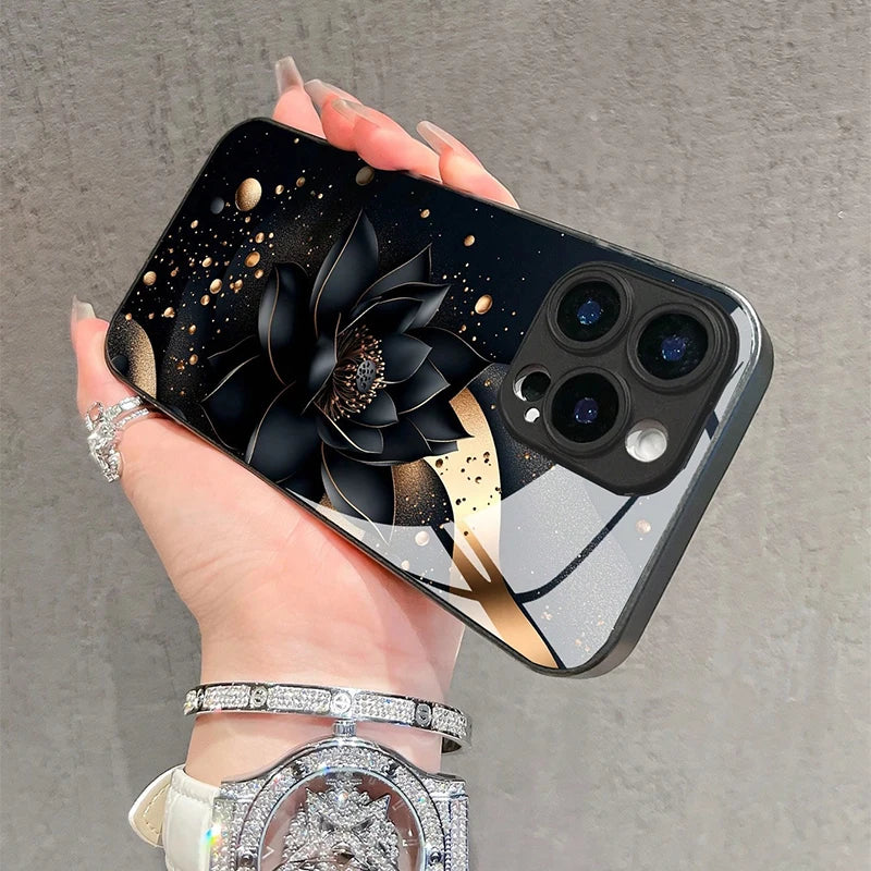 Luxury Black Lotus Flower Pattern Tempered Glass Phone Case For iPhone 17 16 15 14 13 12 11 Pro Max 17Air 7 8 Plus XR XS X Cover