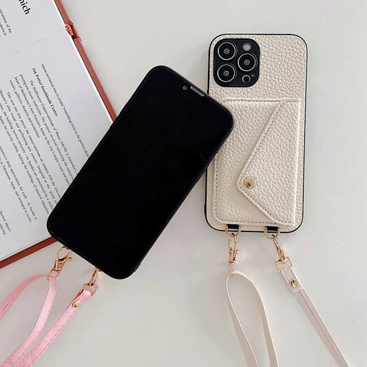 Luxury Crossbody strap lanyard wallet leather case for iPhone 16 17 16pro 15 pro 17pro max 14 13 12 11 card holder phone cover