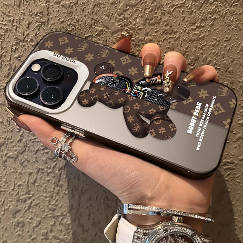 Shockproof Matte Plating Case for iPhone 16, 15, 14, Pro Max, Plus, – Retro Robot Bear Hard Cover