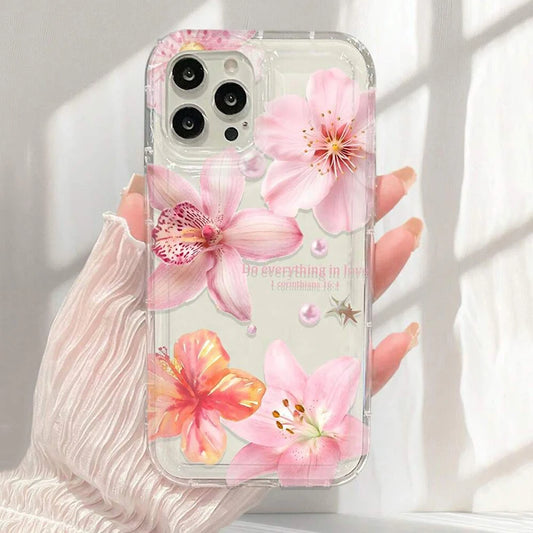 Pink Trumpet Flower Transparent Shockproof Soft TPU Phone Case For IPhone 16 Pro Max 15 14 13 12 11 XS X XR 7 8 Plus SE2020 Case
