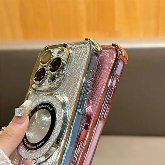 Glitter Water Ripple Magsafe Logo Hole Case For iPhone 14 15 Pro Max 13 Pro Folding Holder Cover For iPhone 16 Plus Hard Shell