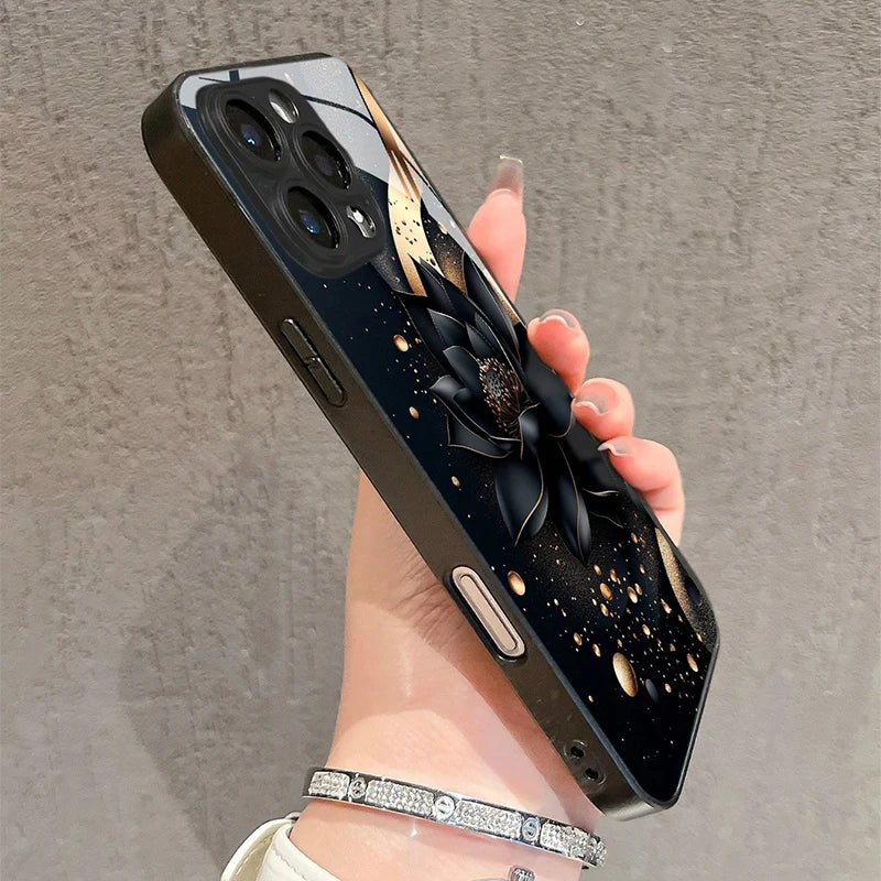 Luxury Black Lotus Flower Pattern Tempered Glass Phone Case For iPhone 17 16 15 14 13 12 11 Pro Max 17Air 7 8 Plus XR XS X Cover