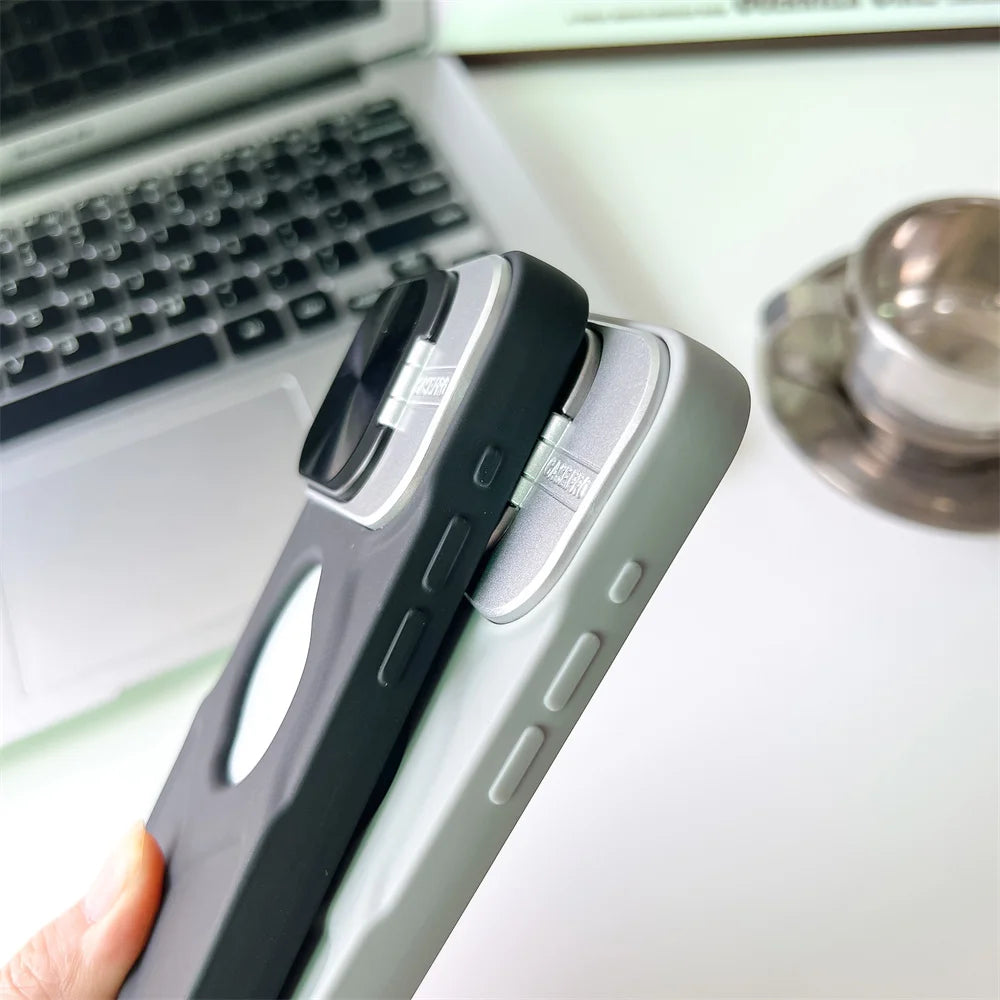 Fashion Logo Hole Magnetic Case for iPhone 17Air 11 12 13 14 15 16 17 Pro Max Plus Lens Protection Stand Magsafe Silicone Cover