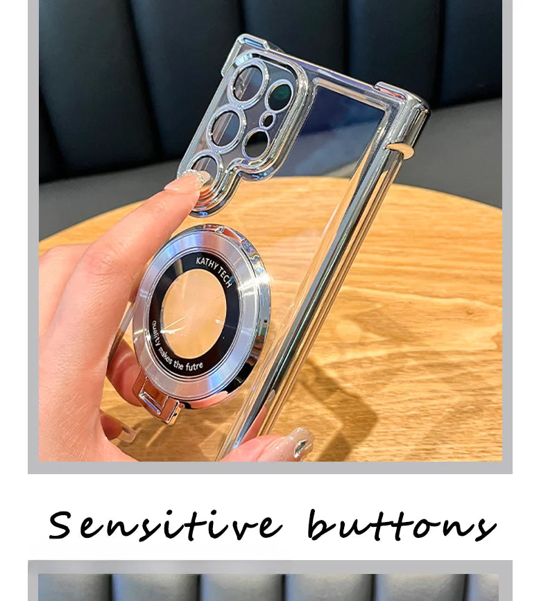 Luxury Magnetic Plating Stand Shockproof Clear Case For Samsung Galaxy S25 S24 Ultra Acrylic Back Cover