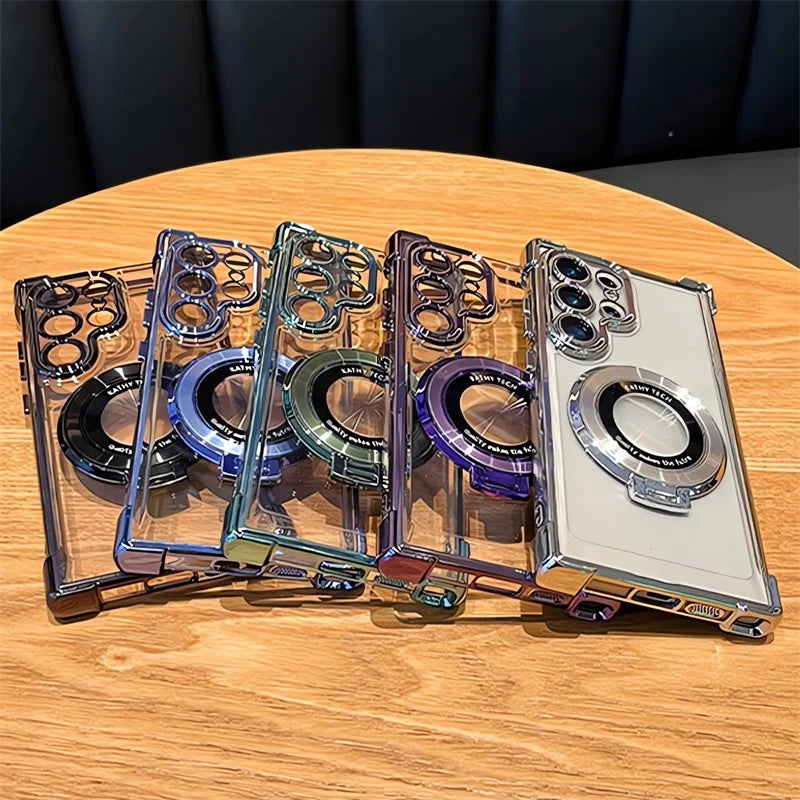 Luxury Magnetic Plating Stand Shockproof Clear Case For Samsung Galaxy S25 S24 Ultra Acrylic Back Cover