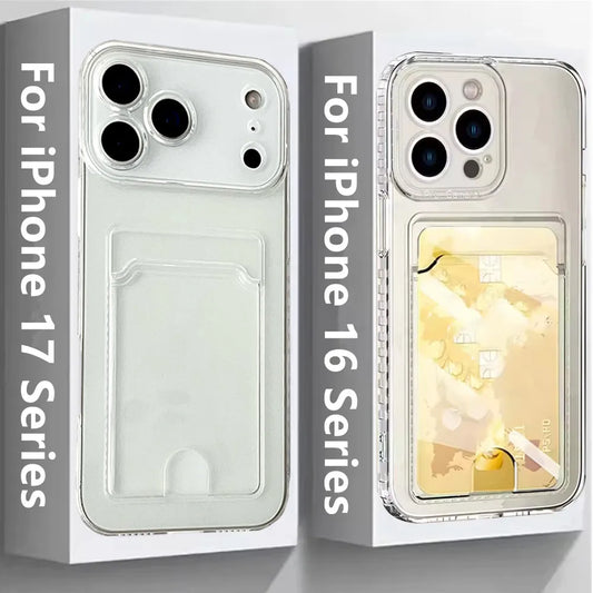 Clear Card Holder Case for iPhone 11 12 13 14 15 16 17 Plus Pro Max | Transparent Card Slot Pocket Phone Cover (Air Back Funda)