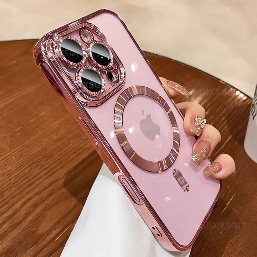 Luxury For Magsafe Magnetic For iPhone 17 16 15 14 13 12 11 Pro Max Plus 17 Air Transparent Pink Soft Lens Protection Case Cove