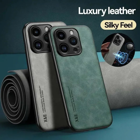 Luxury Leather Case For iPhone 16 16e 15 14 13 12 11 Pro Max Plus 12 13 Cover With Metal Plate Support Car Hold
