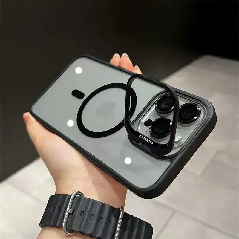 Luxury Magnetic Shockproof Phone Case For iPhone 16 15 17 Pro Max Stand Glass Lens Protector Cover
