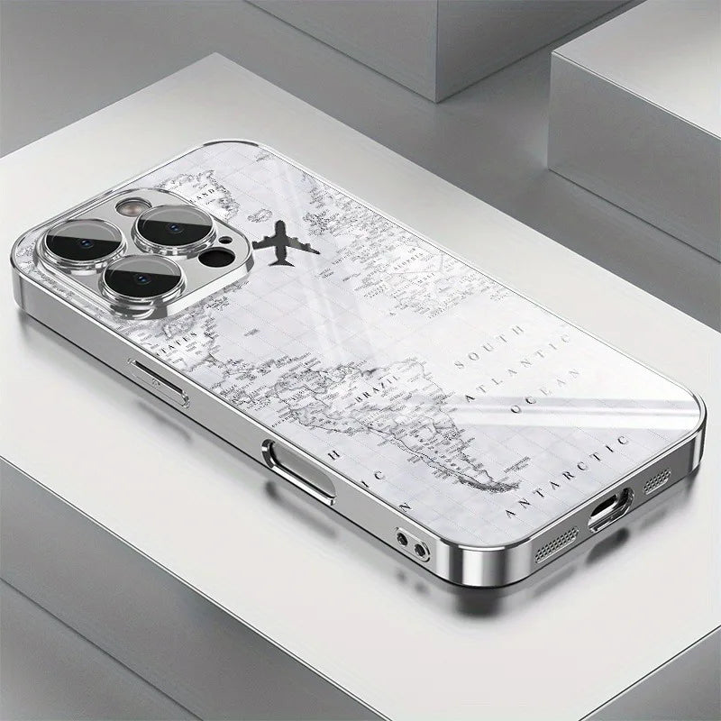 Creative Grey Map Plane Flight Print Pattern Electroplate TPU Case For iPhone 17 16 15 14 13 12 11 Pro Max Plus 17 Air Cover