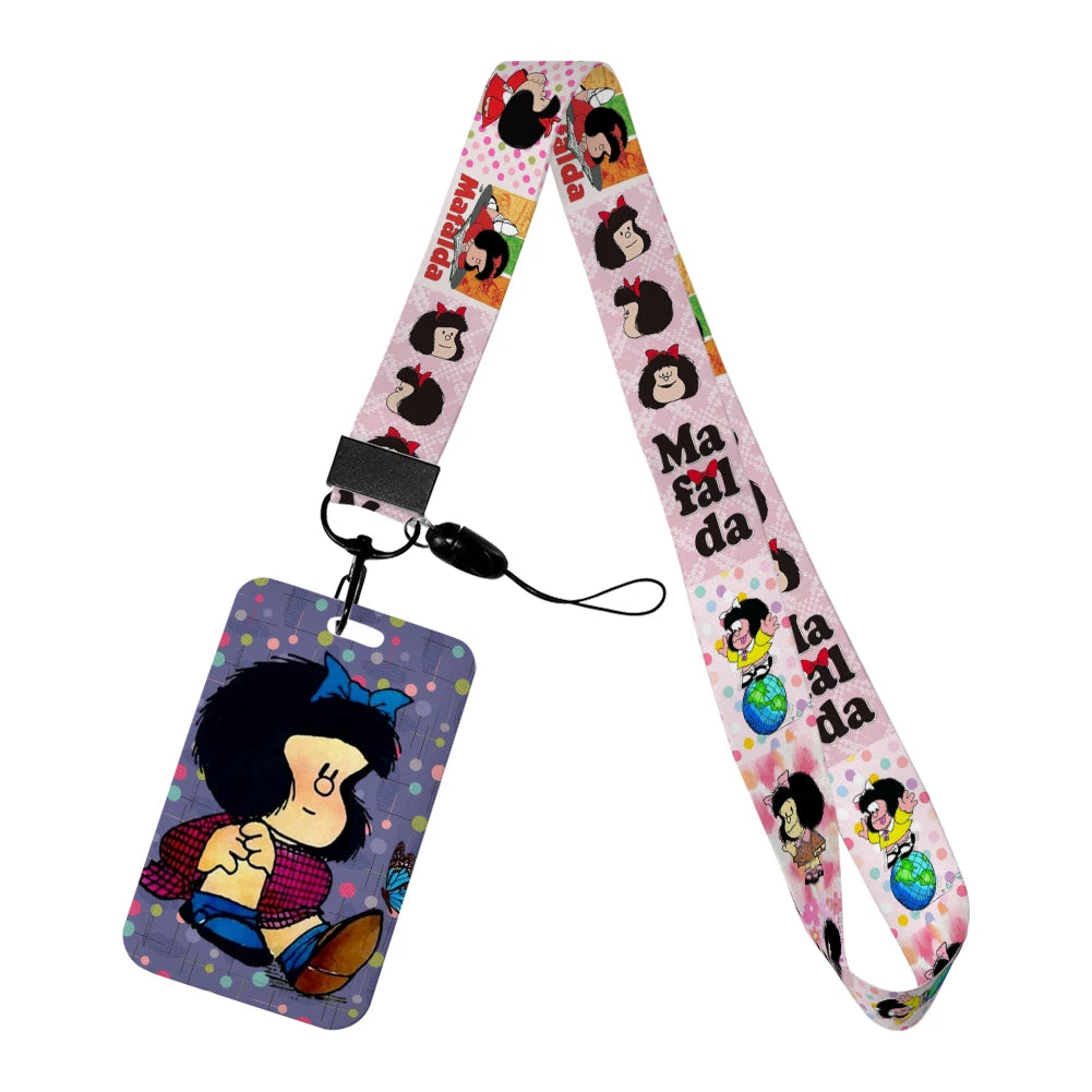 Cartoon Cute Mafalda Card Holder & Keychain for Girls | Student Badge Holder, Phone Strap, and Lanyard Pendant