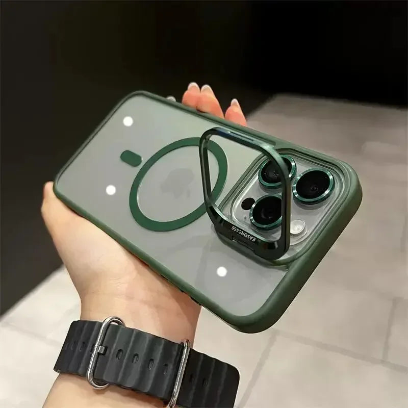 Luxury Magnetic Shockproof Phone Case For iPhone 14 13 12 11 Pro Max For Magsafe Stand Glass Lens Protector Cover