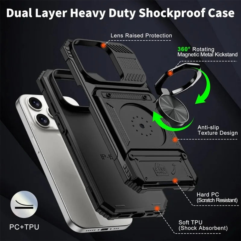 Case For iPhone 16 15 14 13 12 11 Pro Max Plus Magnetic Rotated Ring Kickstand Heavy Duty Drop Protection Wallet Cover