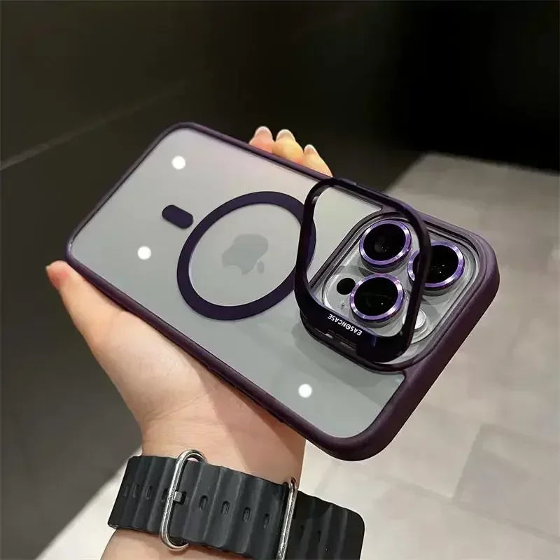 Luxury Magnetic Shockproof Phone Case For iPhone 14 13 12 11 Pro Max For Magsafe Stand Glass Lens Protector Cover