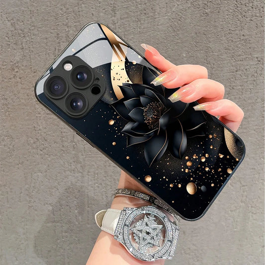 Luxury Black Lotus Flower Pattern Tempered Glass Phone Case For iPhone 17 16 15 14 13 12 11 Pro Max 17Air 7 8 Plus XR XS X Cover