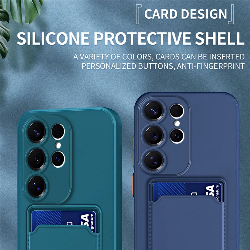 Liquid Silicone Case For Samsung Galaxy S25 S24 S23 S22 S21 S20 Ultra Plus FE Edge Card Holder Case For Samsung A56 A55 A54 A53