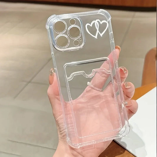 Card Holder Clear Shockproof Case for iPhone Plus, X, XR, XS, 11, 12, 13, 14, 15 Pro Max – Love Heart Graphic Soft Cover