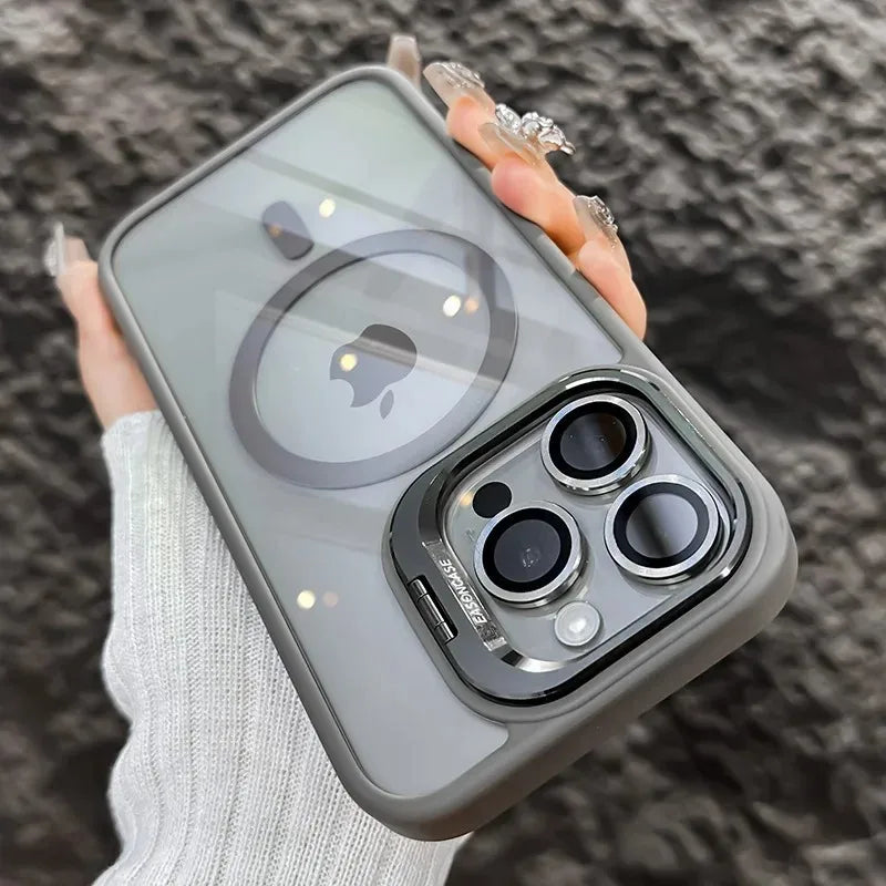 Luxury Magnetic Shockproof Phone Case For iPhone 16 15 17 Pro Max Stand Glass Lens Protector Cover