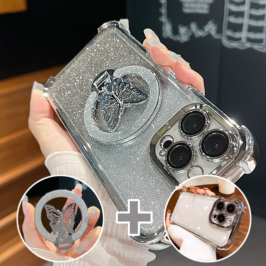 Luxury Butterfly Glitter Holder With Lens Film Phone Case For iPhone 11 12 13 14 15 16 Pro Max Plus Four Corner Anti Fall Cover
