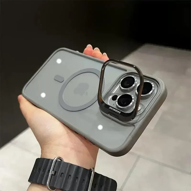 Luxury Magnetic Shockproof Phone Case For iPhone 16 15 17 Pro Max Stand Glass Lens Protector Cover