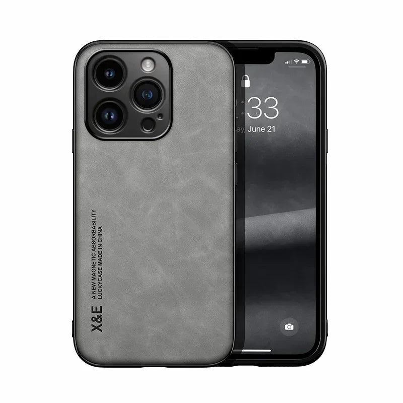 Luxury Leather Case For iPhone 16 16e 15 14 13 12 11 Pro Max Plus 12 13 Cover With Metal Plate Support Car Hold