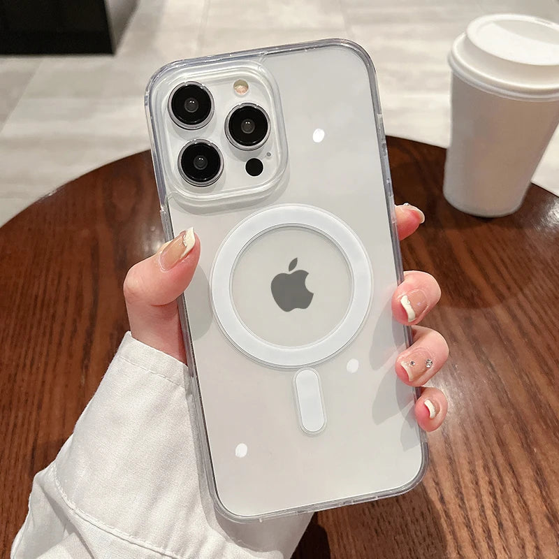 For Magesafe Magnetic Transparent Wireless Charge Case For iPhone 11 12 13 14 15 16 17 Air Pro Max Plus Shockproof PC Cover