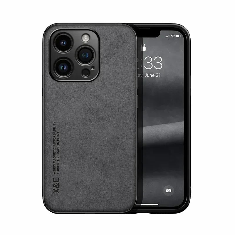 Luxury Leather Case For iPhone 16 16e 15 14 13 12 11 Pro Max Plus 12 13 Cover With Metal Plate Support Car Hold