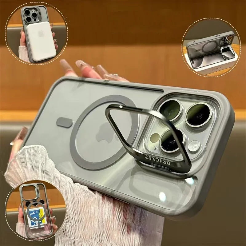 Luxury Magnetic Shockproof Phone Case For iPhone 16 15 17 Pro Max Stand Glass Lens Protector Cover