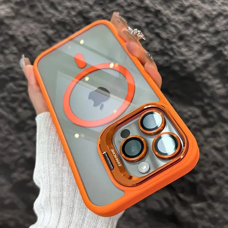 Luxury Magnetic Shockproof Phone Case For iPhone 16 15 17 Pro Max Stand Glass Lens Protector Cover