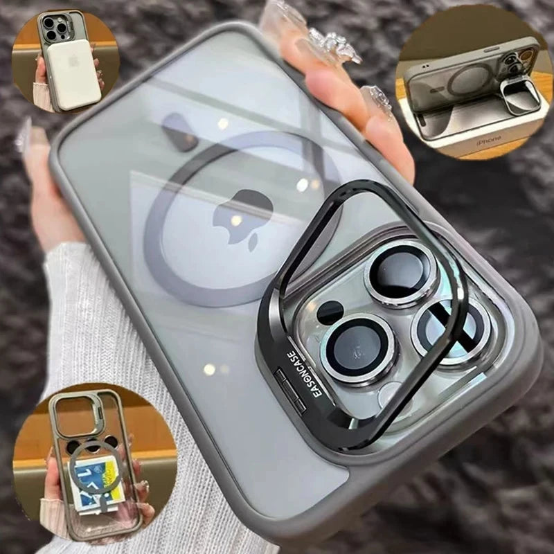 Luxury Magnetic Shockproof Phone Case For iPhone 14 13 12 11 Pro Max For Magsafe Stand Glass Lens Protector Cover