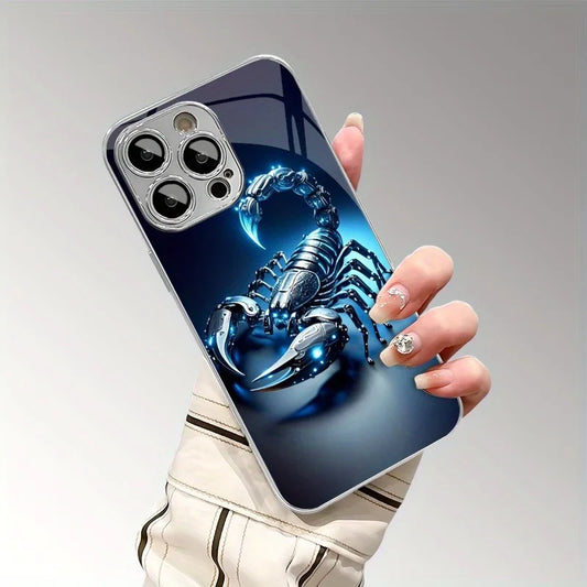 Blue Light Metallic Scorpion Pattern Glass Electroplate Phone Case For iPhone 11 12 13 14 15 16 17 Pro Max Plus 16E 17 Air Cover