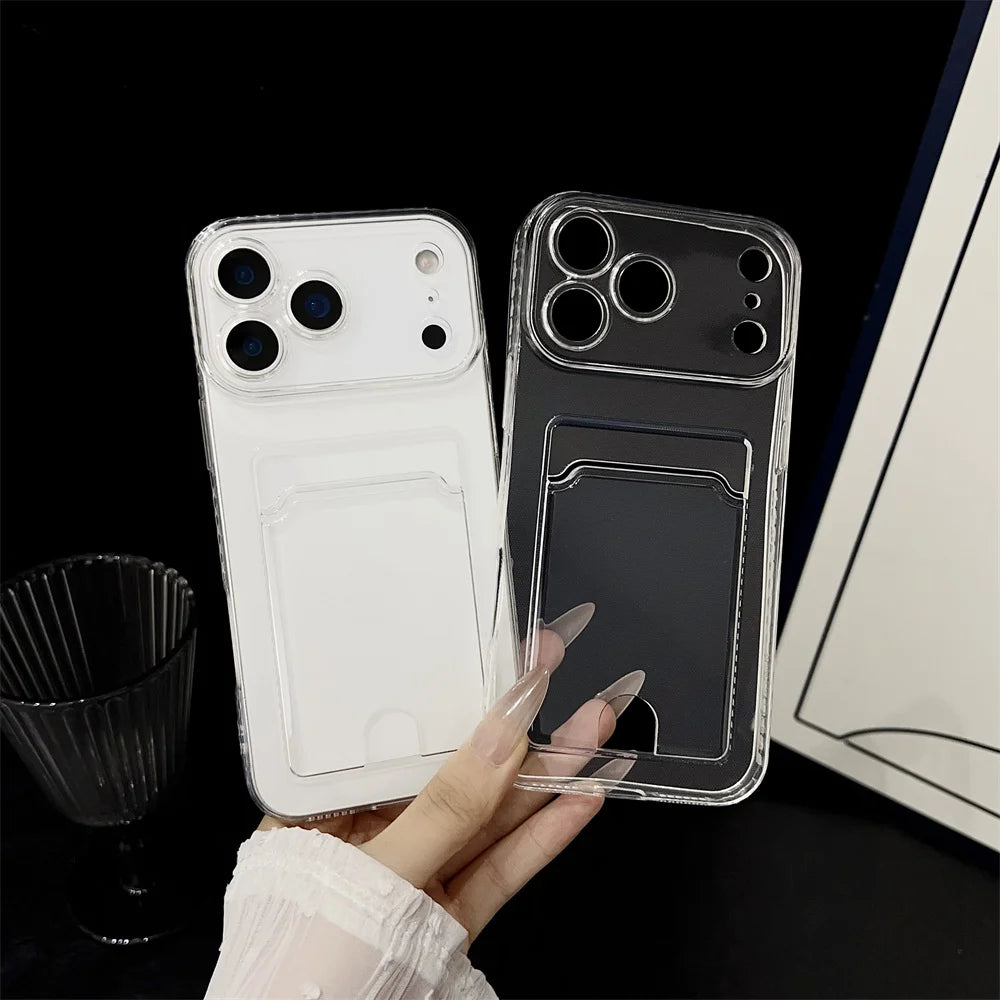 Clear Card Holder Case for iPhone 11 12 13 14 15 16 17 Plus Pro Max | Transparent Card Slot Pocket Phone Cover (Air Back Funda)