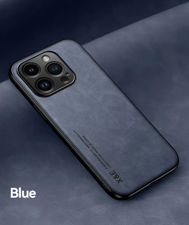 Luxury Leather Case For iPhone 16 16e 15 14 13 12 11 Pro Max Plus 12 13 Cover With Metal Plate Support Car Hold