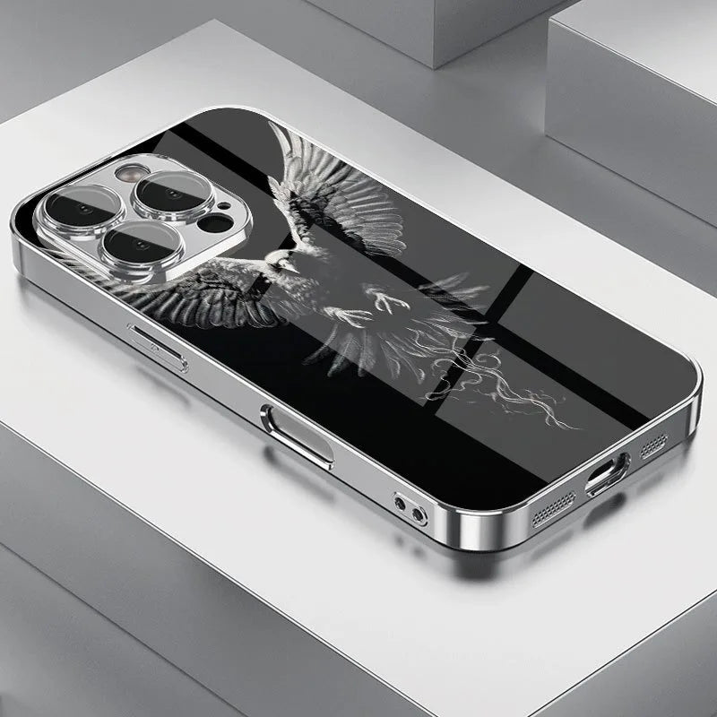 Light Luxury Crystal Eagle Pattern Glass Electroplated Phone Case For iPhone 11 12 13 14 15 16 17 Pro Max Plus 16E 17 Air Cover