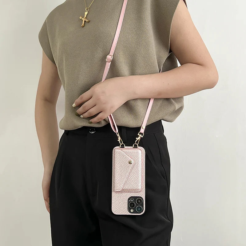 Luxury Crossbody strap lanyard wallet leather case for iPhone 16 17 16pro 15 pro card holder phone cover