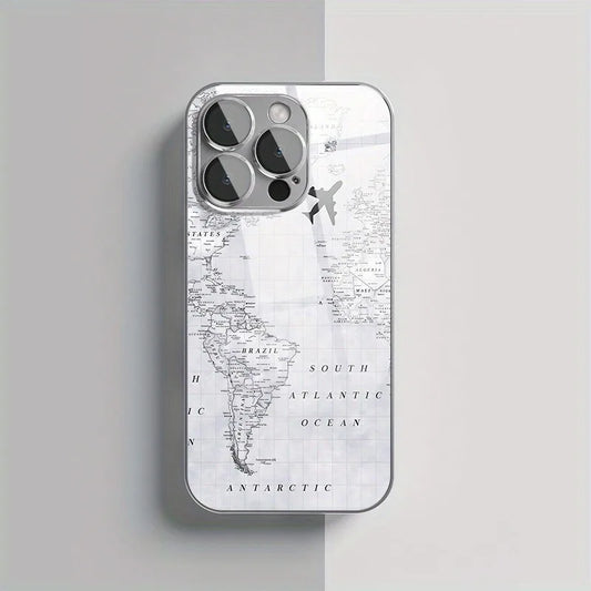 Creative Grey Map Plane Flight Print Pattern Electroplate TPU Case For iPhone 17 16 15 14 13 12 11 Pro Max Plus 17 Air Cover