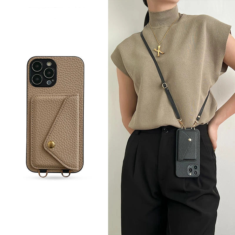Luxury Crossbody strap lanyard wallet leather case for iPhone 16 17 16pro 15 pro card holder phone cover
