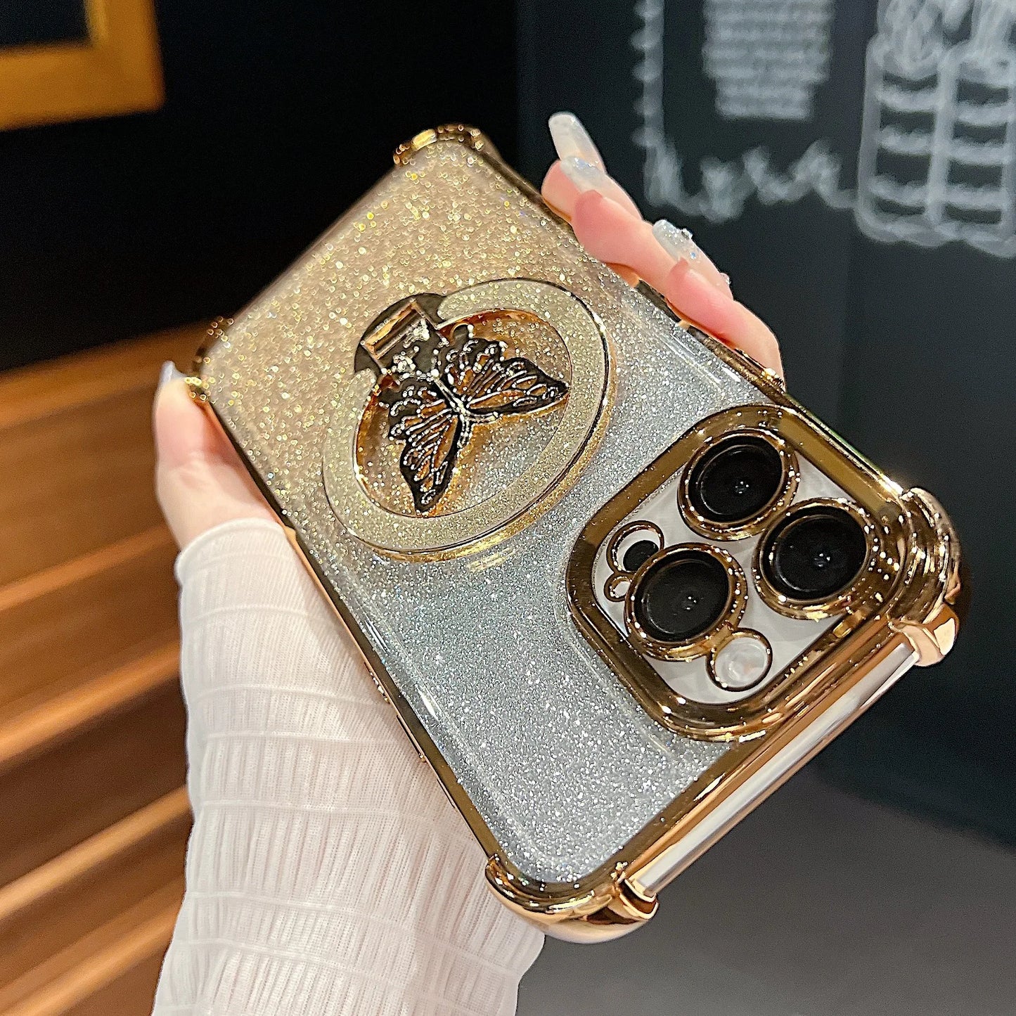 Luxury Butterfly Glitter Holder With Lens Film Phone Case For iPhone 11 12 13 14 15 16 Pro Max Plus Four Corner Anti Fall Cover