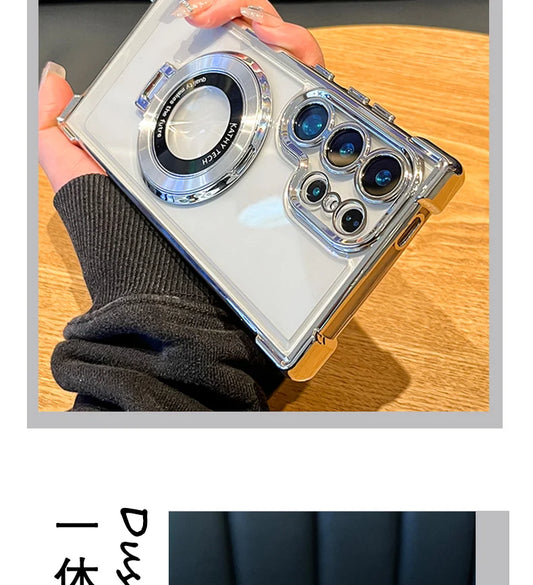 Luxury Magnetic Plating Stand Shockproof Clear Case For Samsung Galaxy S25 S24 Ultra S23 S22 S21 Plus Note20 Acrylic Back Cover