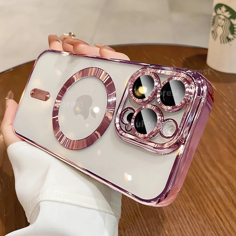 Luxury For Magsafe Magnetic For iPhone 17 16 15 14 13 12 11 Pro Max Plus 17 Air Transparent Pink Soft Lens Protection Case Cove
