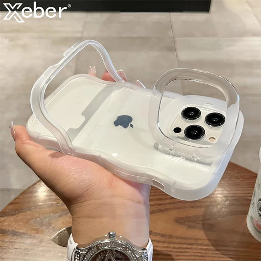2IN1 Folding Stand Wave Clear Phone Case For iPhone 17 16 15 11 12 13 14 Pro Max Fashion 3D Curly Shockproof Protective Cover