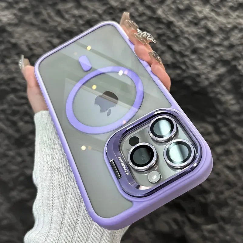 Luxury Magnetic Shockproof Phone Case For iPhone 16 15 17 Pro Max Stand Glass Lens Protector Cover