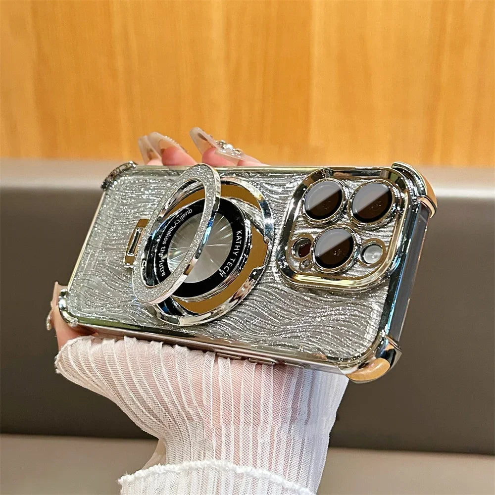 Glitter Water Ripple Magsafe Logo Hole Case For iPhone 14 15 Pro Max 13 Pro Folding Holder Cover For iPhone 16 Plus Hard Shell