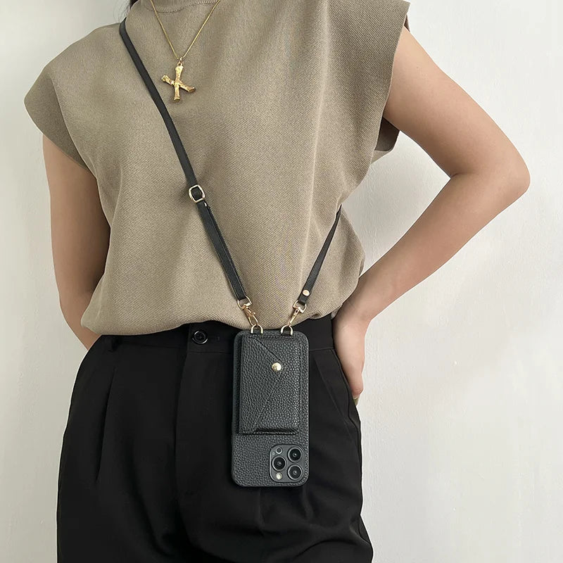 Luxury Crossbody strap lanyard wallet leather case for iPhone 16 17 16pro 15 pro card holder phone cover