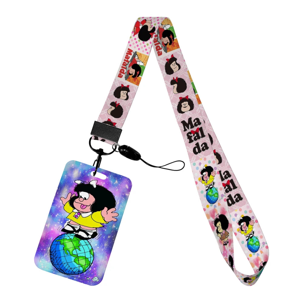 Cartoon Cute Mafalda Card Holder & Keychain for Girls | Student Badge Holder, Phone Strap, and Lanyard Pendant