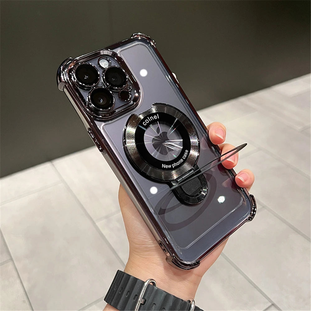 Luxury Plating Shockproof Magnetic Bracket For Magsafe Clear Case For iPhone 15 16 14 13 12 17 Pro Max With Holder Stand Cover