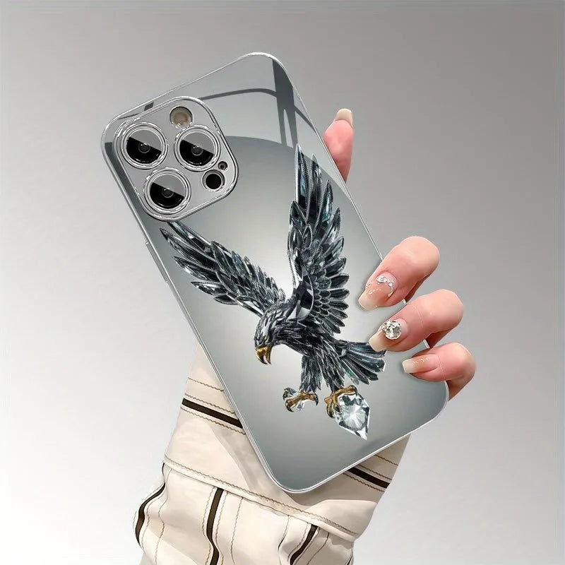 Light Luxury Crystal Eagle Pattern Glass Electroplated Phone Case For iPhone 11 12 13 14 15 16 17 Pro Max Plus 16E 17 Air Cover