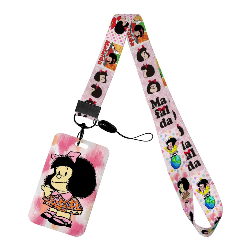 Cartoon Cute Mafalda Card Holder & Keychain for Girls | Student Badge Holder, Phone Strap, and Lanyard Pendant