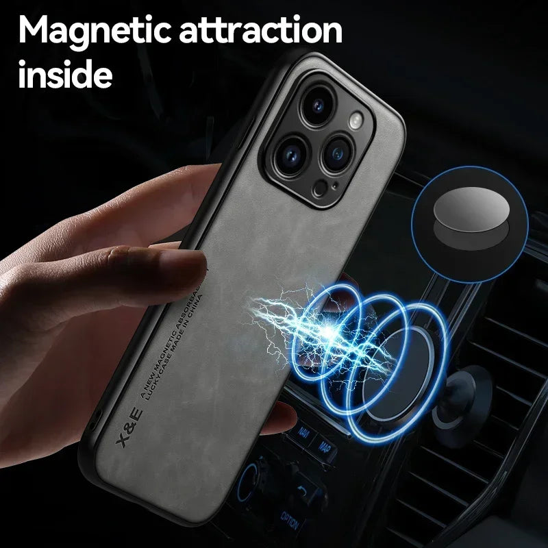 Luxury Leather Case For iPhone 16 16e 15 14 13 12 11 Pro Max Plus 12 13 Cover With Metal Plate Support Car Hold